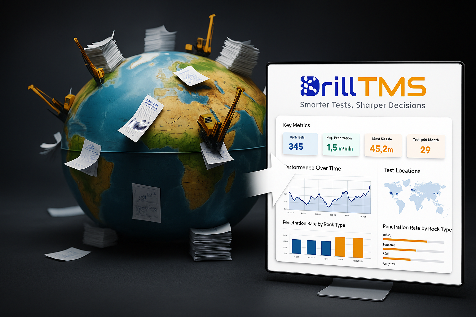 DrillTMS dashboard overlaid on a globe covered in drilling rigs and field test reports